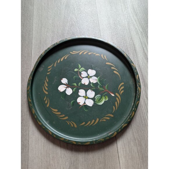 Vintage Green Metal Hand-Painted Floral Tray Floral Toleware Mascho Prod 10.5" - Picture 1 of 6